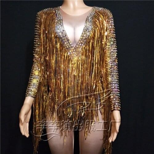 New Fashion Gold Tassel leotard singer Bodysuit Women Birthday Celebrate Nightclub gogo Clothes high quality freeshipping