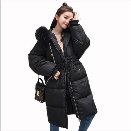 New 2018Fashion Winter Wide-Waisted Women Down Cotton Jacket Hooded Big Soft Fur Collar Women With Sashes Down Jacket CasualQ372