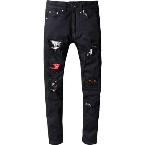 New mens male trousers fashion casual Spring Primary Color Black Slim Jeans Trend Personality Patch denim Pants