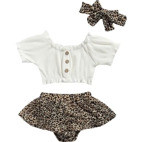 Baby Girls Clothes Outfit Summer Short Sleeve Stringy Selvedge Tops Leopard Print Shorts Bow Headwear Childrens Clothing Set