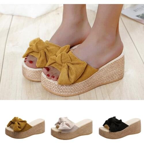 Wedges Women Slippers Fashion Open Toe Bowknot Beach Shoes Thick Bottom Sweet Roman Slippers Sandals Female Flip Flops 2021