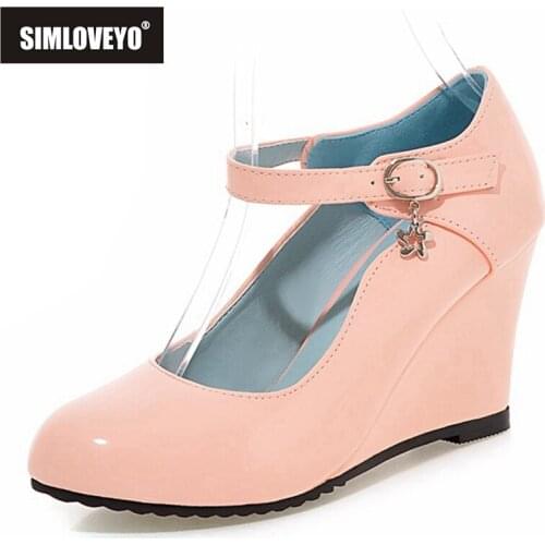 SIMLOVEYO 2021 Ladies Sweet Pumps Mary Janes Candy Color Party Belt Buckle Round Toe 7.5CM Wedges US12 Black White Pink A4467