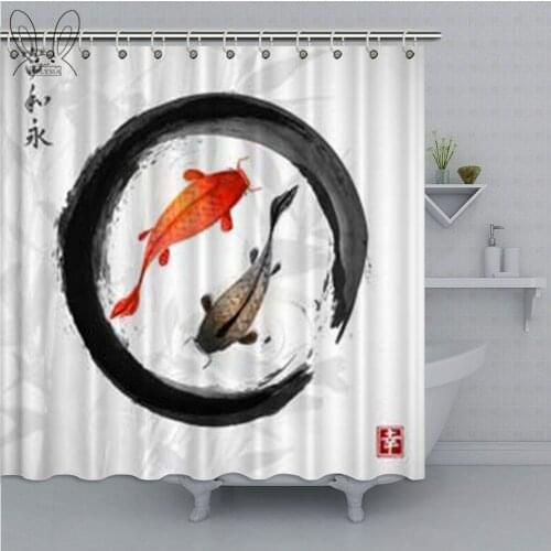 Traditional Japanese Sumi-e Pattern Hand Drawn Shower Curtain Red and Black Koi Carps in Zen Circle Fabric Bathroom Curtains Set