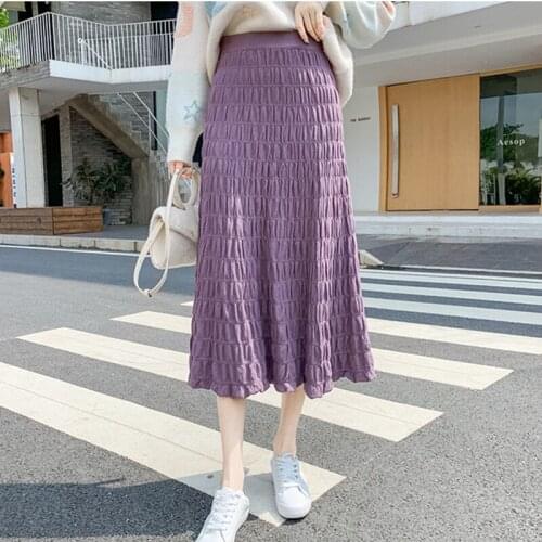 Purple Knitted Skirt Womens Fall 2021 New Elegant Large Swing A-line Skirt Mid-length Temperament Pleated Cake Skirt Female