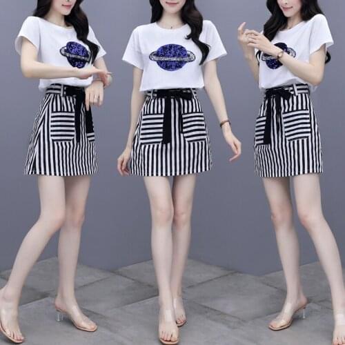 2 Piece Set Women Striped Mini Skirts+Planet T Shirt Suit 2020 Summer Short Sleeve Sequin Top Skirt Two Piece Set Ladies Outfits