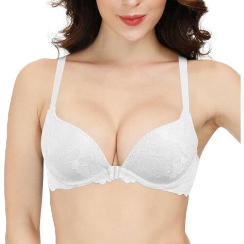 New Pure White Lace Bra Sexy Front Closure Thin Padded Push Up Strength Bras For Women Lace Bralette Y-line Dropshipping