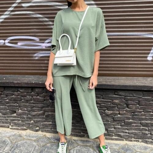 Summer Solid Womens Two Piece Set 2021 Fashion Casual O-neck Short Sleeve Tops And Long Pants Set Women Loose Suits Outfits