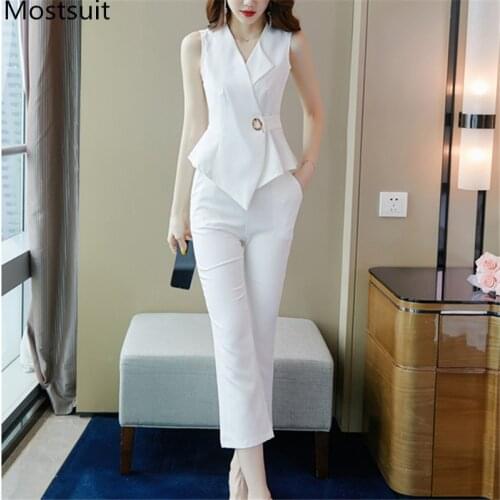 2021 Summer Office Two Piece Suit Set Women Sleeveless Blouse + Pants Suits Workwear Fashion Elegant Ladies Matching Set
