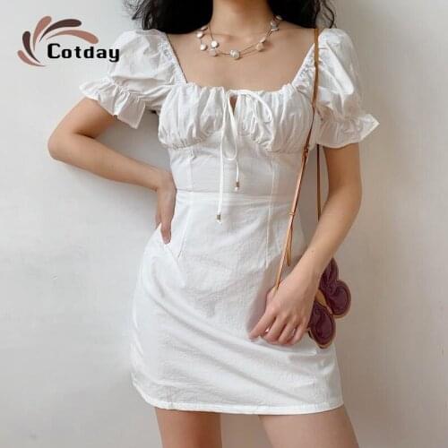 Cotday Sweet 2021 New White Square Collar Short A-line Fashion Summer Bow Backless Puff Sleeve Vintage Office Women Dress