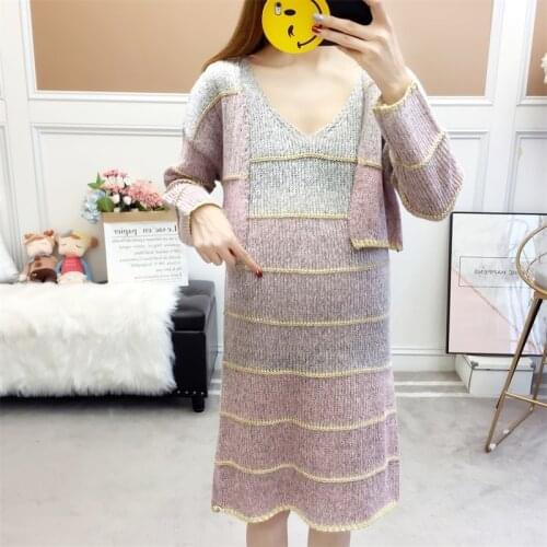 Long-Sleeve Maternity Dress Pregnancy Sweater Dress False two-piece dress for pregnant women V-neck winter robe Gradient Color