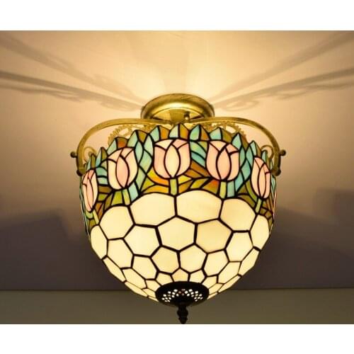 30cm European-Style Pink Tulip Colored Glass Restaurant Bedroom Corridor Bathroom Glass Semi-Hanging Ceiling Lamp