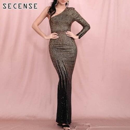 Sequin Mermaid Dress Single Sleeve Dress Asymmetry Maxi Dress Party Banquet Ball Formal Dresses Evening Gown Women Clothes