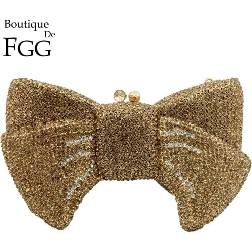 Boutique De FGG Novelty Women Bow Clutch Crystal Evening Bags Hard Case Metal Minaudiere Rhinestone Handbags Wedding Party Purse
