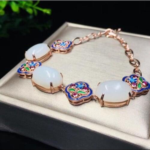 925 Silver Rose Gold Chain White HeTian Jade Beads Inlay Lucky Bracelet Certificate For Women Fine Jewelry