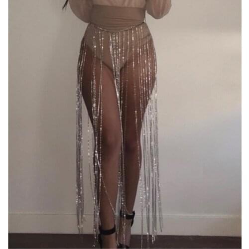 Wide Waist Chain For Women Blingbling Rhinestone Fringe Tassel Skirt Body Chain Night Club Female Crystal Belly Chain Jewelry