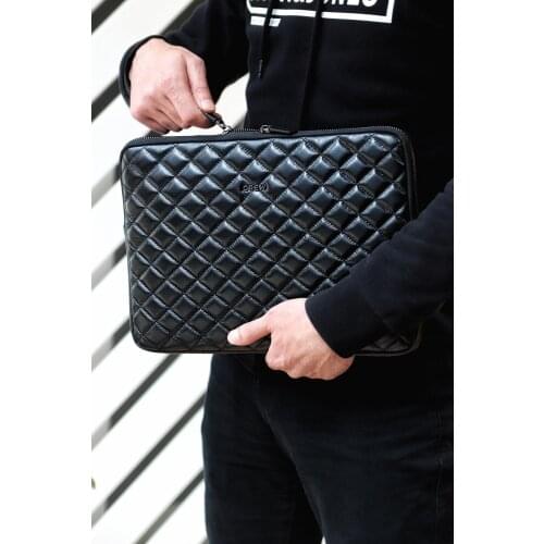 Black Quilted Printed Genuine Leather MacBook Bag