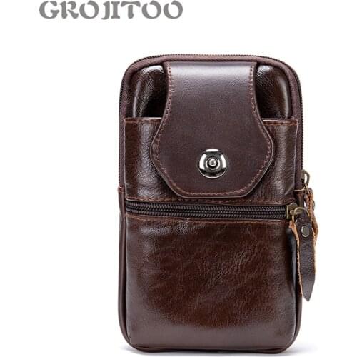 GROJITOO Genuine leather mens bag top layer leather mobile phone bag mini storage belt satchel leather bag small waist bag
