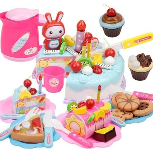 86 PCS DIY Pretend Play Fruit Cutting Birthday Cake Kitchen Toys Set Food Juguete Toy Pink Blue Gift for Girls Kids Children