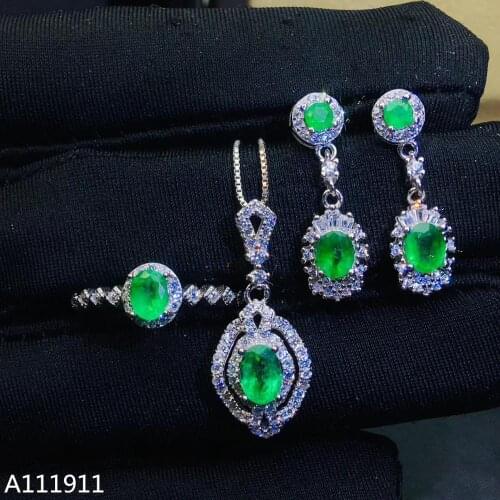KJJEAXCMY fine jewelry 925 sterling silver inlaid Natural Emerald pendant Ring Earring trendy Female Suit Support Detection cute