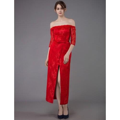 Red Lace Party Dress 2020 High Split Ankle Length Half Sleeve Social Dresses Wedding Guest Dress