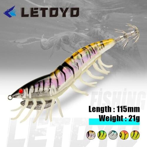 LETOYO New Sea Fishing Lure 3.5# 115mm 21g Squid Baits Squid Hook Jigging Wood Shrimp Octopus Cuttlefish Bait Luminous Wobblers