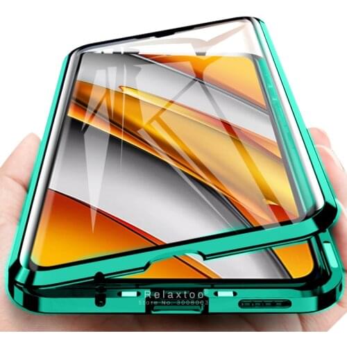 Pocof3 case 360 full body adsorption magnetic flip cover for poco poko poxo little f3 f 3 metal bumper double-side glass coque