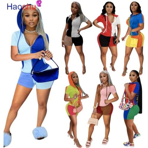 HAOOHU Fashion Patchwork Womens Set Outfits Acitve Short Sleeve Hooded Tops and Shorts Two Piece Set Sport Tracksuit Sweatsuit