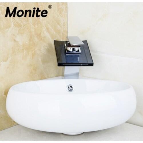 Monite Black Waterfall Glass Spout Solid Brass Bathroom Sink Faucet With Ceramic WashBasin Countertop Chrome Faucet Mixer Tap