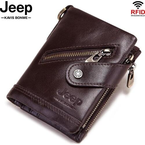 Rfid 100% Genuine Leather Men Wallet Small Coin Purse Mini Card Holder Chain PORTFOLIO Portomonee Male Walet Pocket Zippers