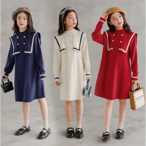 Girls Soft Sweater Dress Teen Kids Autum School Dress 2021 New Winter Children Buttons Knit Uniform Clothing,#6525