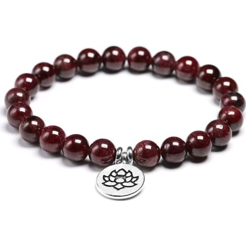 Natural Garnet Stone Wine Red 8mm Beaded Bracelet Men Jewelry Women Bracelets Lucky Energy Jewelry Tree Charm Yoga Gift
