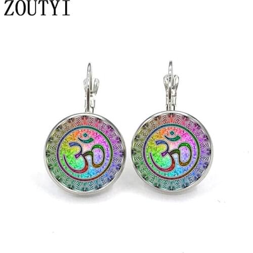 New/Charming Fashion Personality Rainbow OM Yoga Indian Pattern, convex glass inlay earrings, feminine decoration