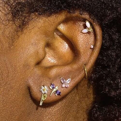 New 925 Sterling Silver CZ Pastel Butterfly Dragonfly Earrings Blooming Diamond Flower Studs Earring For Women Fashion Jewelry