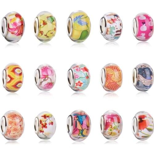 Candy Colors Charming Beads for DIY Girl Jewelry Making Craft Big Hole Silver Plated Flowers Resin Spacer Charms Bead 100pcs/lot