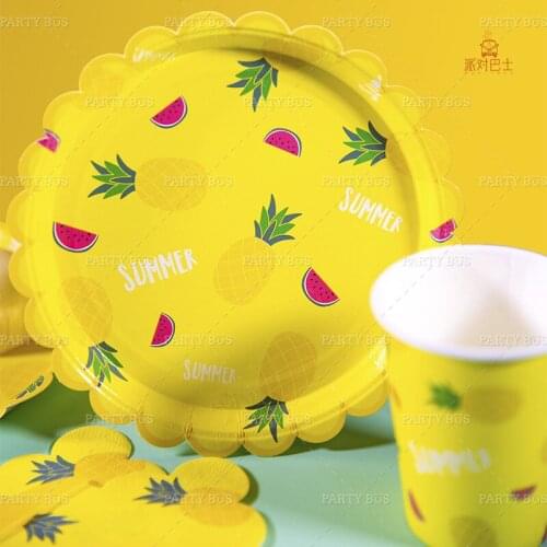 Disposable Tableware Pineapple Watermelon Pattern Disposable Paper Plate Paper Cup Tableware Set Cake Plate Party Supplies