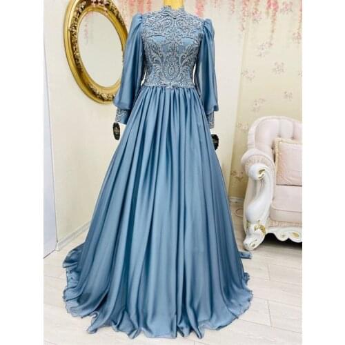 Luxury Light Blue Appliques Muslim Prom Dress 2021 Crystals High Neck Long Puffy Sleeve Saudi Arabic Evening Formal Party Gowns