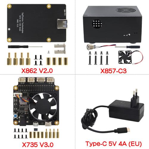 Raspberry Pi 4B X862 V2.0 M.2 NGFF 2280 SATA SSD Board +X735 Power Management Board+Metal Case + Type-C Power Supply
