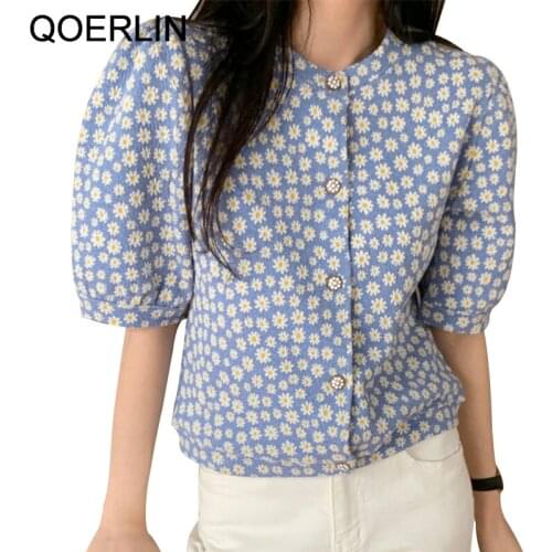 QOERLIN Kawaii Women Shirt Button Up Short Sleeve Blouse Female Fashion Loose Casual Summer Puff Sleeve Tops Black Blouse Girls