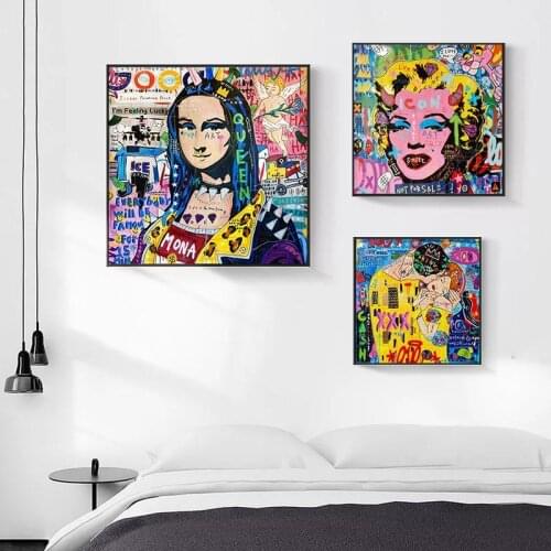 Self-adhesive Wall Sticker Poster Graffiti Lover Clocks Mona Lisa Street Print Painting Wall Picture Living Room Home Decoration