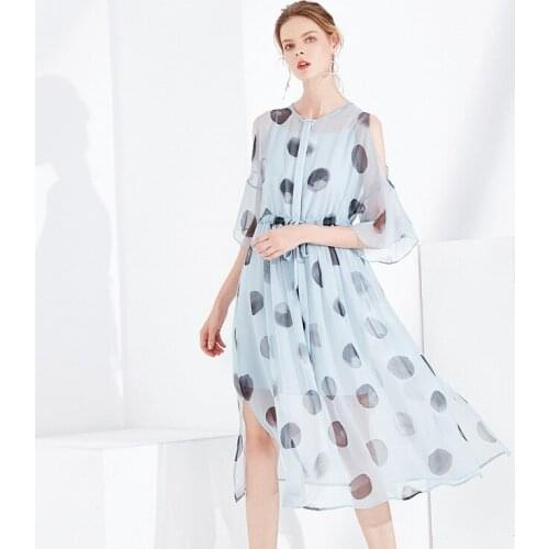 Blue Polka Dot Floral Silk Dresses Women Fashion Chiffon 2021 Summer Long Casual Sexy Office Work Daily Dress Plus Size Slim Fit