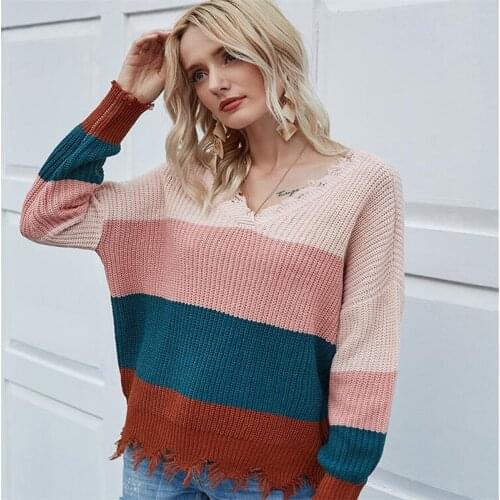 Shikoroleva Women Sweater Christmas V Neck Knited Stripe Oversize Block Color Long Sleeve Pullover Sweaters Pink Green Plus Size