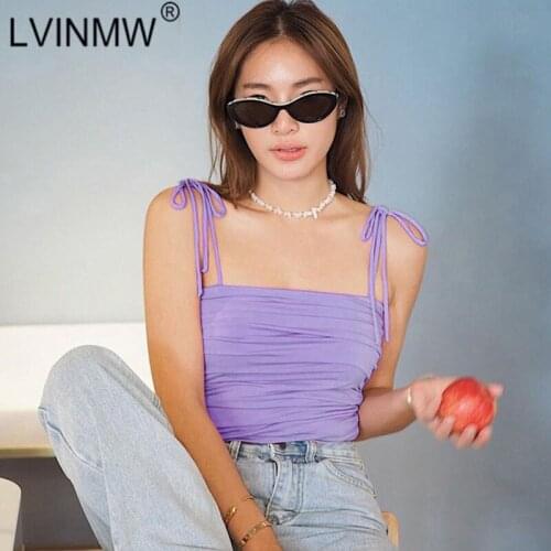 LVINMW Lace Up Spaghrtti Straps Solid Casual Skinny Cami Sleeveless Slim Folds Purple Fashion Crop Top Navel Summer Women Tops