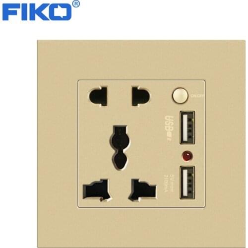 FIKO 86mm*86mm 13A universal two USB 5pin multi-function socket with switch , Gold PC panel socket USB 5V 2100mA