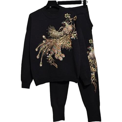 2020 Autumn New Set Women Fashion Beading Phoenix Print Sweater + Casual Harlan Pants Two Piece Set Women Knitted Set Tide G517
