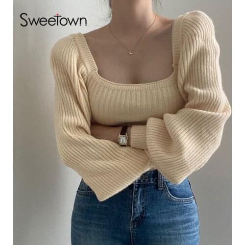 Sweetown Black Solid Elegant Korean Sweaters Square Collar Puff Sleeve Gray Autumn Jumpers Women Knitted Blouse Winter Pullovers