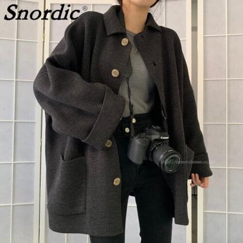 2021 Women Autumn Winter Loose Sweater Coat Jacket Lapel Collar Single Breasted Straight Knitted Overcoat Outwear Cardigan Cloak
