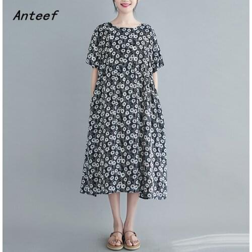 Short sleeve cotton linen vintage floral dresses for women casual loose long woman summer dress elegant clothes 2021