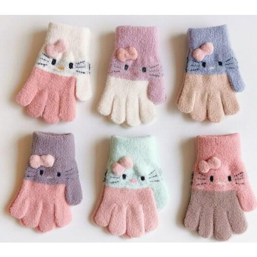 Winter Knitted Childrens Gloves 3-6 Years Warm Soft Rabbit Wool Cartoons Kids Gloves Child Full Finger Baby Boys Girls Mittens