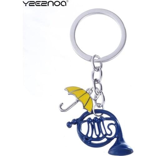 1pc Metal Fashion Enamel Yellow Umbrella Blue Horn Keychain Charm Pendant Jewelry Gifts 2.5*2.8*1.7cm