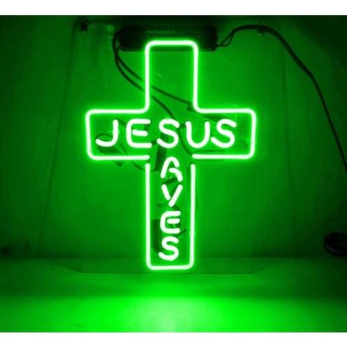 14"x10" Jesus Saves Christ Cross Green Acrylic Custom Neon Light Lamp Sign Beer Bar Handmade Real Glass Home Wall Room Decor